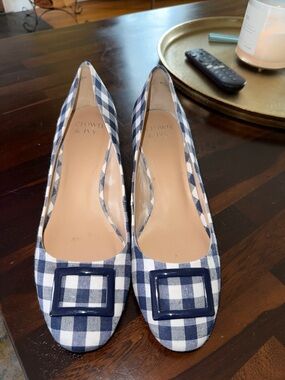crown & ivy Blue and White Gingham Buckle Block Heels